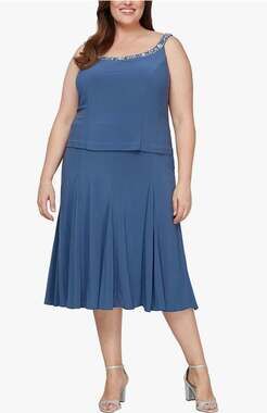 Alex Evenings Tea Length Dress Women's Petite 14P Blue Sequin Beaded Trim